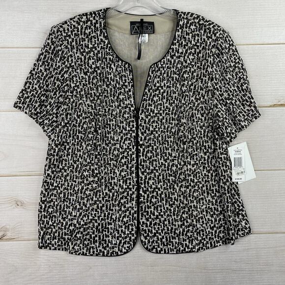Alex Evenings Womens Top 1X Full Zip Black Cream Studded Short Sleeve Party NWT - Picture 1 of 8